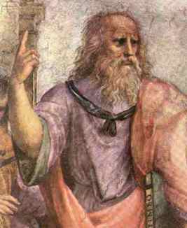 This is a detail from the fresco The School of Athens by Raphael. Some authorities claim that Raphael based this on the face of Leonardo da VinciYou can see the whole fresco
 